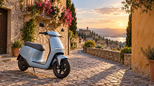 Pastel-blue minimalist scooter parked on a sunlit cobblestone lane beneath a flowering balcony.