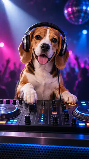 Digital artwork depicting 10 beagle dj.
