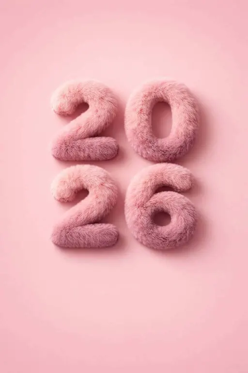 Four large pink furry digits forming 2026 centered on a matching pink background with soft 3D fur texture and minimal design aesthetic.
