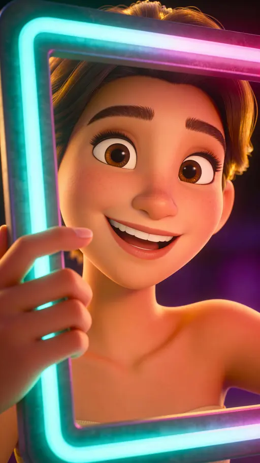 Vertical 9:16 head-and-shoulders portrait of a Pixar-style 3D character with exaggerated facial features, warm skin tones and soft shading, interacting with a glowing neon frame against a dark backdrop.
