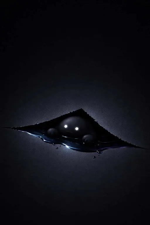 Portrait 2:3 scene with a near-black grainy background and soft vignette, a lower-third cutout reveals glossy inky liquid with a neon rim and a small matte 3D mascot peering out.
