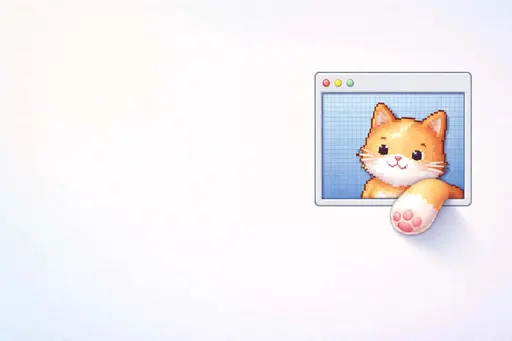 3:2 minimalist scene with a cool gradient matte background and broad left negative space; on the right third a pixel window shows an 8-bit cat whose paw morphs into a soft 3D paw.