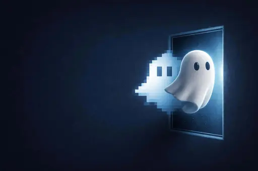 Wide 3:2 composition with a minimal midnight-blue background and left negative space, a glowing pixel window at the right third revealing an 8-bit spirit morphing into smooth cracked porcelain.