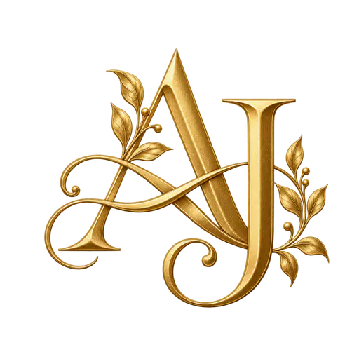 A gold ornamental monogram of the initials A and J with intertwined letterforms, decorative swashes and small leaves, on a transparent background.