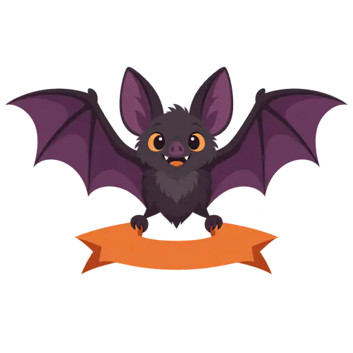 A broad-winged purple cartoon bat flies facing the viewer, gripping the ends of a blank swallow-cut ribbon banner with its feet. The flat storybook Halloween prop is isolated on transparency with no shadow, ready to add your own banner lettering.