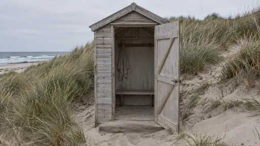 A small timber beach changing hut at the edge of a dune stands with its door ajar showing a towel rail and a plain bench inside, marram grass around it in crisp clear light.