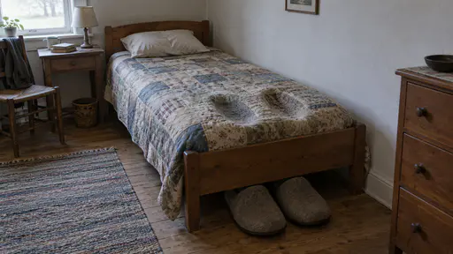 A narrow single bed made with a patchwork quilt pulled tight stands against a wall with two large slippers sticking out beyond the footboard and a pillow at the head in soft morning light.