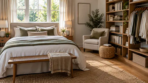 A bright bedroom in soft morning light has a made double bed under the window on one side and a corner reading chair beside a floor-to-ceiling shelf with a rail of neatly hung clothes, folded jumpers and books on the other with a rug and a wicker basket between.