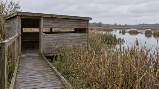 A low timber bird hide at the edge of a reed marsh has its long low viewing slot open and a duckboard path leading to the door with reeds and still water beyond in muted overcast light.