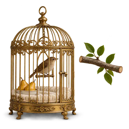 A bird in a gilded cage: a songbird inside an ornate golden cage with cushions and fruit turns its gaze toward a plain branch beyond the bars — comfort does not compensate for lost freedom.