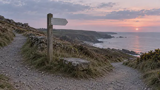 A weathered wooden waymarker post with a blank painted arrow stands at a fork in a gravel path beside a flat stone with the sea glimmering far below in soft pink and blue dusk light.