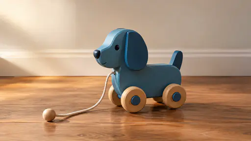A blue wooden pull-along toy on four small wheels with a plain pull cord rests on a bare wooden floor near a plain skirting board.