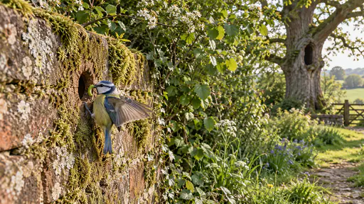 A blue tit clings to the mossy face of an old brick wall beside a small round nest hole with a green caterpillar held in its beak and its wings slightly open in soft morning light.