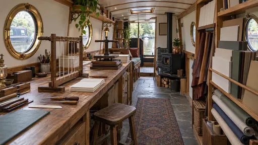 A bookbinding studio inside a moored narrowboat has a long oak bench with a sewing frame, folded signatures and a press, a rack of blank boards and leather and round portholes with canal water at the waterline in soft canal light.