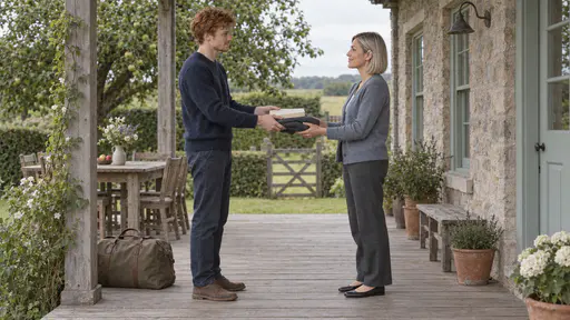 A young man with copper-red hair in a navy jumper hands a paperback and a folded cardigan back to a woman with a silver bob in a grey-blue cardigan on a porch with a travel bag behind them in diffuse light.