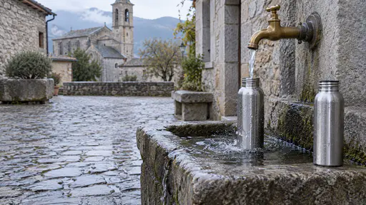 A steel water bottle stands under a running brass refill tap on a stone trough with the stream caught mid-fill and a second empty bottle waiting beside it on wet cobbles in cool morning light.