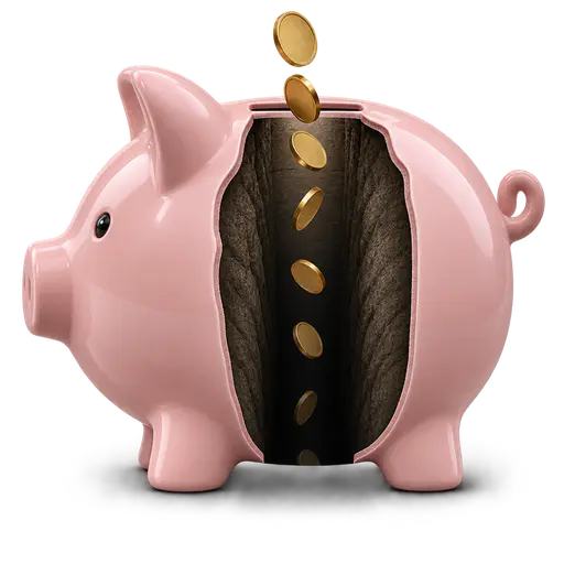 A bottomless pit: a porcelain piggy bank in cutaway with coins falling down an impossibly deep dark shaft beyond its base, showing resources consumed without ever seeming satisfied.