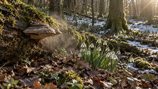 A shelf-like bracket fungus on a mossy log releases a faint haze of pale spores above a small patch of early white snowdrops in leaf litter with a dusting of old snow in the shade behind in soft side light.