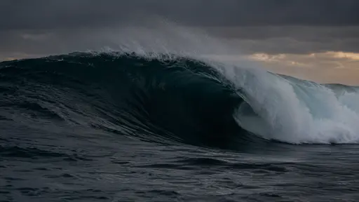 One breaking wave curls forward in low dark light on open sea, exposing its dark hollow under a thin pale lip of foam.