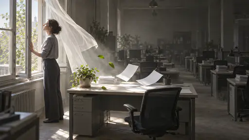 A breath of fresh air. An adult opens a tall window in a gray dusty office; a stream of fresh air billows the curtain inward and carries green leaves over the one desk that brightens and clears while the rest of the room stays stale — a welcome change making a stale situation feel renewed.
