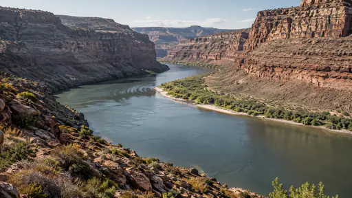 A broad river meanders in one wide bend against high layered canyon walls in clear midday light, seen from the opposite bank slightly above.