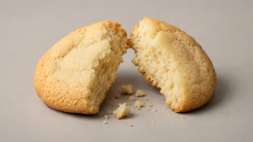 One plain uniced sugar cookie broken in two halves leans open in soft side light showing its pale even crumb, a few plain crumbs below.