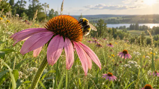 A plump furry yellow and black bumblebee with a pale tail hangs on the edge of the orange cone of a large pink coneflower with half-open wings as the stem bends slightly in warm mid-morning light.