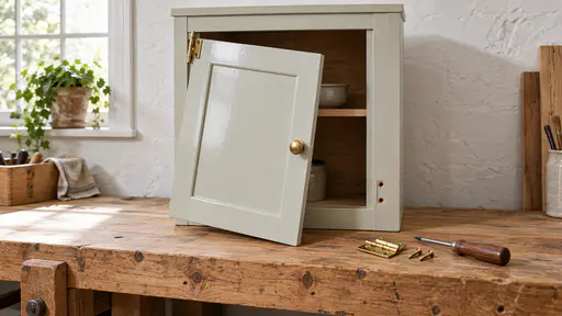 A small painted cabinet door hangs crooked from a single hinge on a pine workbench with its lower hinge missing and two bare screw holes while a brass hinge, two screws and a small screwdriver lie beside it in raking light.
