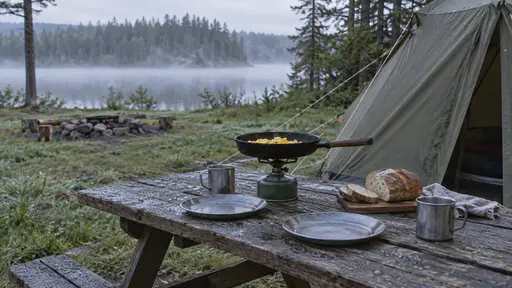 A camping stove with a small pan of scrambled eggs, two tin plates, a loaf of bread and tin mugs sit on a wooden picnic table beside a just-pitched tent with dew on the grass in cool early morning light.