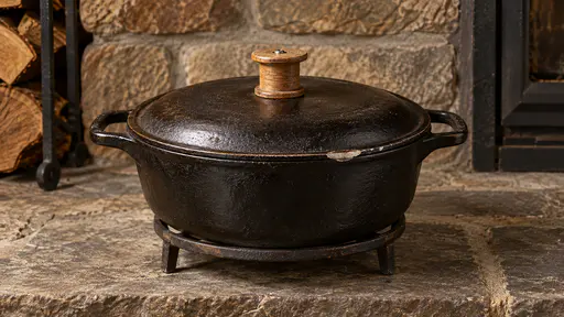 A black cast-iron pan stands on a stone hearth with a lid whose original knob has been replaced by a plain wooden spool, a chipped lid rim and a glossy seasoned interior on a trivet in warm low light.