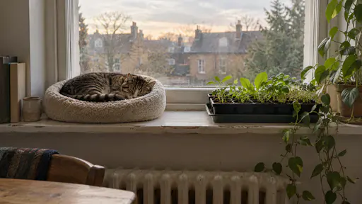 A deep window sill holds a round cat bed with a sleeping tabby cat at one end and a seed tray of green seedlings at the other with a small gap of bare sill between them in warm low sun.