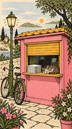A pink street kiosk with a mustard shutter half up, blank paper bundles and a sleeping tabby cat on the counter, an olive bicycle and a lit street lamp with a sea view behind.