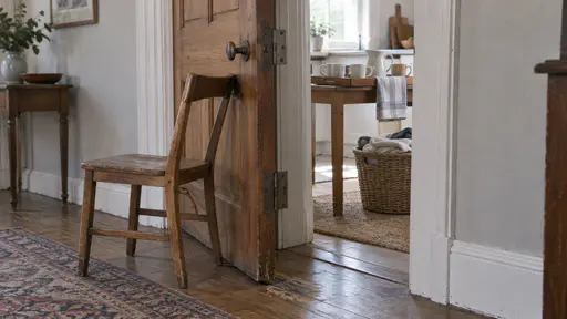 A plain wooden chair stands against a heavy open door holding it wide with a laden tray of cups and a basket of laundry waiting just beyond the threshold in bright hall light.