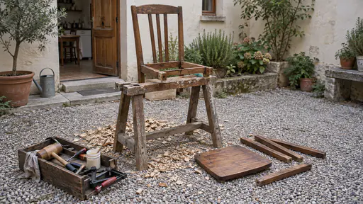 A wooden repair trestle in a plaster courtyard holds a disassembled wooden chair with its legs and seat laid apart beside a tool tray with a mallet, screwdriver and clamps and a pot of wood glue in low raking light.