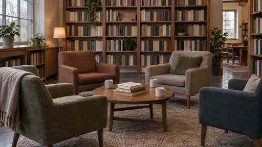 A public library discussion room holds a loose circle of plain armchairs around a low table with a small stack of blank books and plain cups in warm side light.