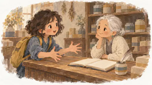 A young woman student with short dark curls and a mustard backpack describes a lost wonder with both hands held wide apart across a shop counter while a very small elderly woman with a silver bun and cream cardigan listens with her chin on her hand, a blank ledger open between them.
