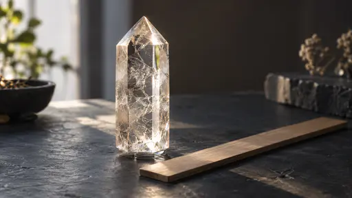 A single clear quartz crystal point with six flat prism sides and a pyramid-shaped termination stands upright on a dark slate bench beside a plain wooden ruler with a strong backlight shining through the tip and a few internal feathers visible.