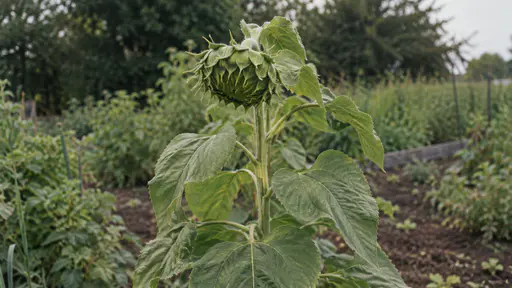 A tall sunflower plant carries one large closed flower bud wrapped in pointed green bracts, nodding at the top of its rough stem above broad leaves.