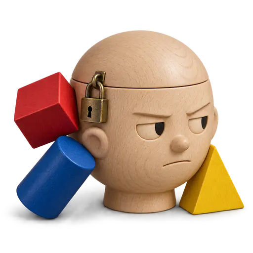 A closed mind: A smooth wooden head with its hinged crown locked shut by a small brass padlock, three mismatched colored wooden pieces resting outside against the closed seam, isolated on transparency.
