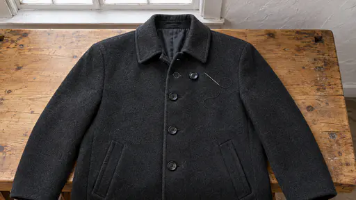 A charcoal wool coat lies flat on a pine workbench with its top button missing and a small circle of bare thread where it was, a spare dark horn button and a threaded needle beside it in soft window light.
