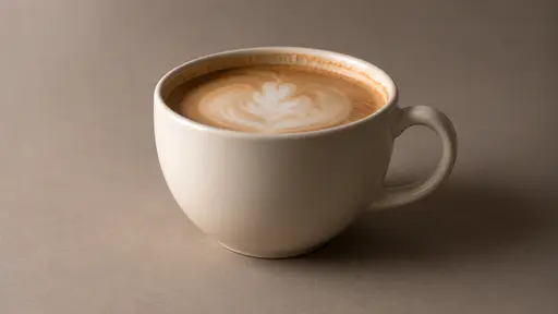One settled plain latte cup in warm side light shows a thin dried coffee ring just inside the rim above the foam line.