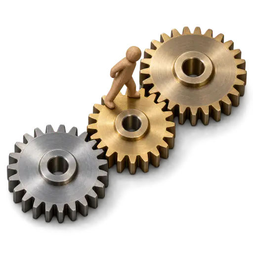 A cog in the machine — a small wooden figure stands on a gear whose teeth interlock with two larger gears, picturing feeling like one replaceable component in a larger system.