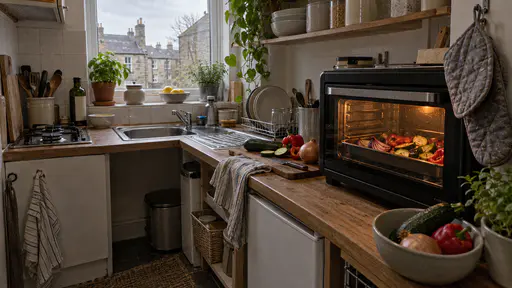 In amber oven glow a compact countertop oven on the crowded worktop of a small kitchen holds a metal tray of roasting red peppers, courgette and onion wedges visible through its glass door with browned edges glowing and a pair of oven gloves hanging beside it.
