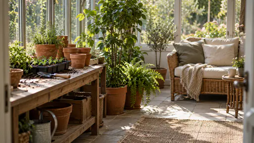 A conservatory in bright afternoon light has a long potting bench with terracotta pots, a trowel and a seed tray along the glass wall and a cushioned cane sofa with a blanket and a side table with a tea mug at the other end with tall plants between.