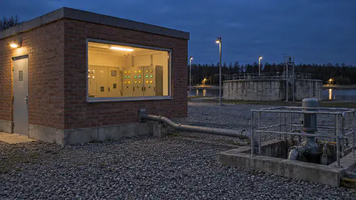 A small flat-roofed brick control-room annex with one large observation window glows warmly with steady green and amber panel lamps visible through the glass while a thick conduit runs from its wall across a gravel yard to a pump pit at dusk.