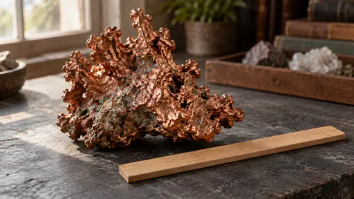 A fist-sized nugget of native copper with a rough hackly branching reddish-brown metallic surface and pockets of pale green patina rests on a dark slate bench beside a plain wooden ruler in warm side light.