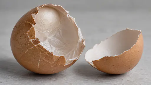 A hen's eggshell cracked in two pieces sits on a plain pale grey bench with the larger half showing the thin white membrane lining and a rounded air pocket at the blunt end beside the smaller half in low raking light.
