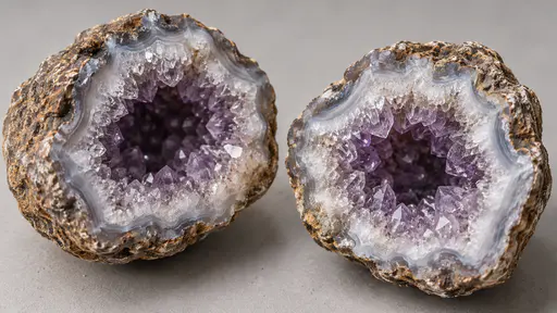 A rough brown geode nodule cracked open lies in two halves on a plain pale grey bench with each cavity lined with concentric bands of white, grey and amethyst crystal and a ring of small clear crystal points in warm bilateral light.