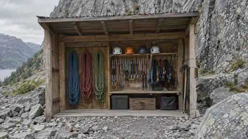 A timber equipment locker shelter at the foot of a climbing crag shows shared ropes, helmets and tools racked on pegs inside its open front over scree ground in even grey light.