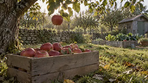 A plain wooden crate of red apples sits on the grass under an old apple tree with one apple on a branch above catching strong backlight and a grey stone wall glowing behind.